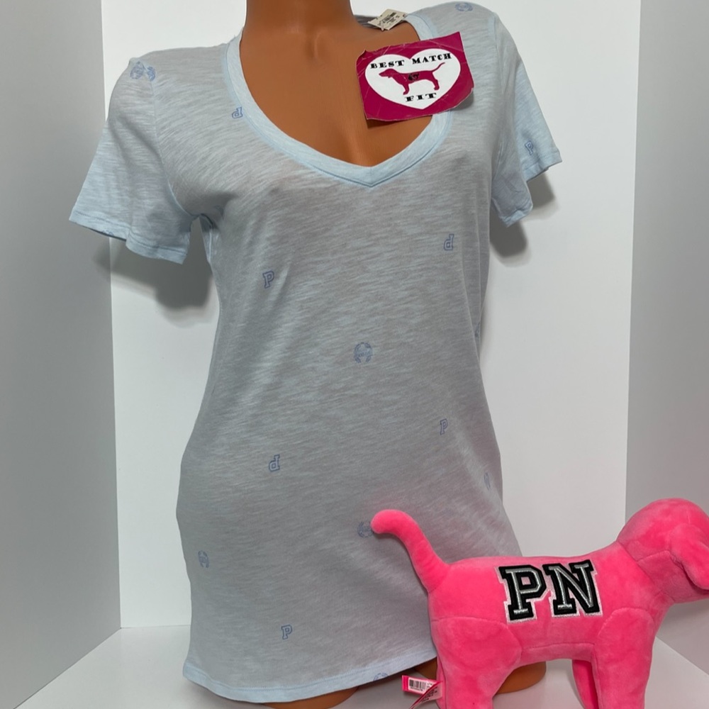 Victoria’s Secret PINK S L 100% Cotton Logo T-shirt V-neck Blue Super Soft 86